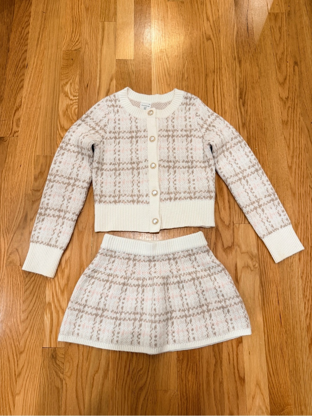 abercrombie kids Cream/Beige/Pink Plaid Knit Cardigan and Skirt - Size 9/10